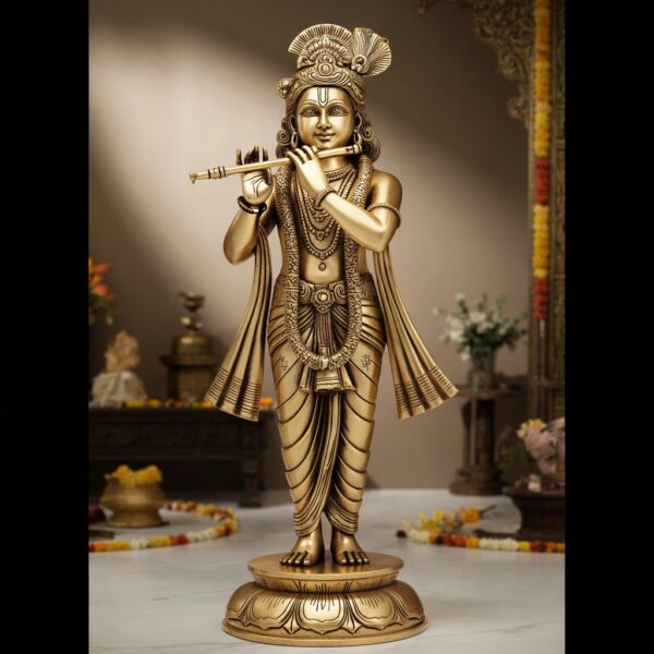 Life-Size Handcrafted Brass Lord Krishna Statue 79 inch
