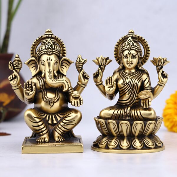 Brass Ganesha Lakshmi Idol Pair – 3.5 Inch