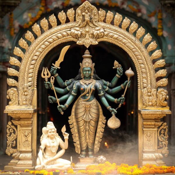 Brass Kali Mata with Temple Arch – Dashabhuja Form (Black-Green Tone) 28