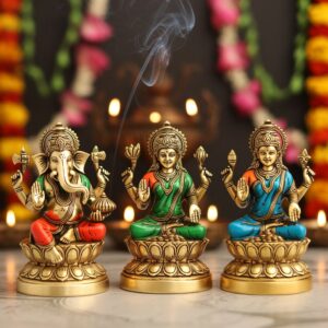 Pure Brass Ganesh Lakshmi Saraswati Statue Set 12 inch multicolour