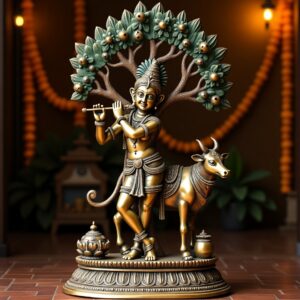 Vintage Brass Lord Krishna with Cow under Kalpavriksha – Large Statue 33