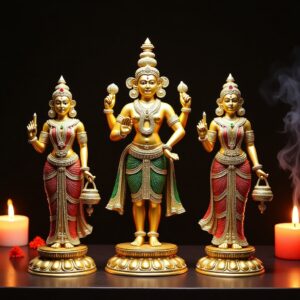 Superfine Brass Lord Tirupati Balaji with Bhudevi and Shreedevi Idol Set – 18.5 meenakari